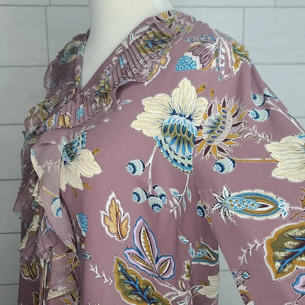 Chicos Top Blouse Mauve Paisley Floral 1 Med Purple Blue Jacobean Bouquet Ruffle - Picture 6 of 12